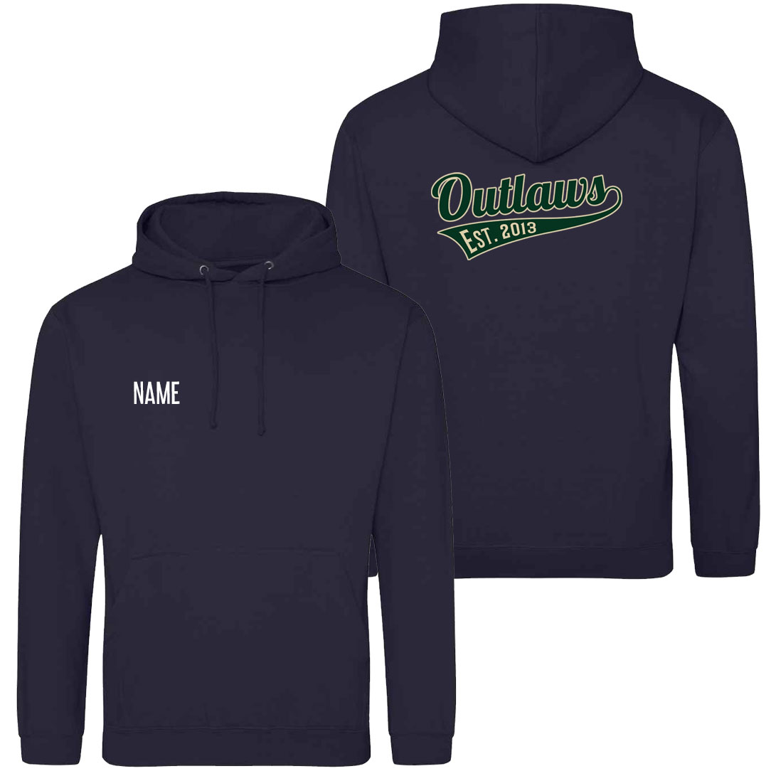 NOIHC Just Hoods College Hoodie Jet Navy Outlaws Text Logo Front Rear